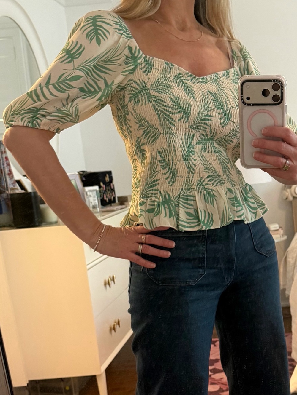Green Leaf Print Smocked Top